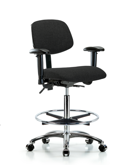 Blue Ridge Ergonomics FHBCH-CR-T1-A1-CF-CC-F42 Rutledge Fabric Chair Chrome - High Bench Height with Seat Tilt, Adjustable Arms, Chrome Foot Ring, & Casters in Black Fabric