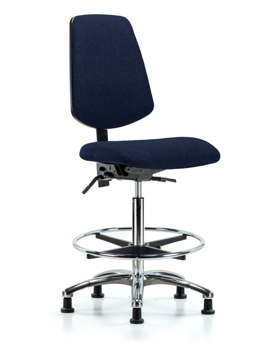 Blue Ridge Ergonomics FHBCH-MB-CR-T0-A0-CF-RG-F45 Rutledge Fabric Chair Chrome - High Bench Height with Medium Back, Chrome Foot Ring, & Stationary Glides in Navy Fabric