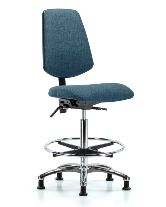 Blue Ridge Ergonomics FHBCH-MB-CR-T1-A0-CF-RG-F43 Rutledge Fabric Chair Chrome - High Bench Height with Medium Back, Seat Tilt, Chrome Foot Ring, & Stationary Glides in Blue Fabric