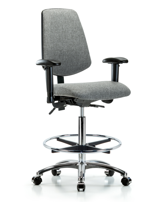 Blue Ridge Ergonomics FHBCH-MB-CR-T1-A1-CF-CC-F44 Rutledge Fabric Chair Chrome - High Bench Height with Medium Back, Seat Tilt, Adjustable Arms, Chrome Foot Ring, & Casters in Gray Fabric