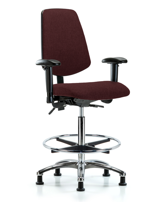 Blue Ridge Ergonomics FHBCH-MB-CR-T1-A1-CF-RG-F41 Rutledge Fabric Chair Chrome - High Bench Height with Medium Back, Seat Tilt, Adjustable Arms, Chrome Foot Ring, & Stationary Glides in Burgundy Fabric