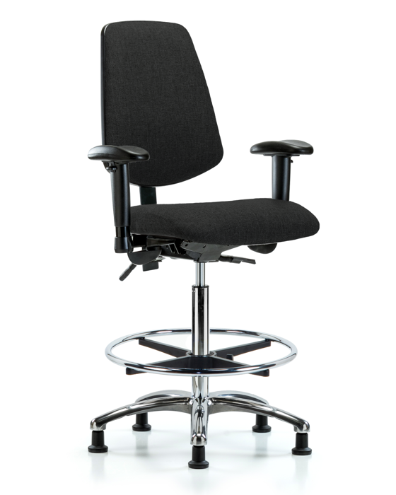 Blue Ridge Ergonomics FHBCH-MB-CR-T1-A1-CF-RG-F42 Rutledge Fabric Chair Chrome - High Bench Height with Medium Back, Seat Tilt, Adjustable Arms, Chrome Foot Ring, & Stationary Glides in Black Fabric