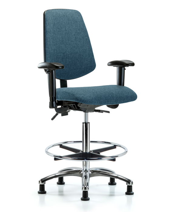 Blue Ridge Ergonomics FHBCH-MB-CR-T1-A1-CF-RG-F43 Rutledge Fabric Chair Chrome - High Bench Height with Medium Back, Seat Tilt, Adjustable Arms, Chrome Foot Ring, & Stationary Glides in Blue Fabric