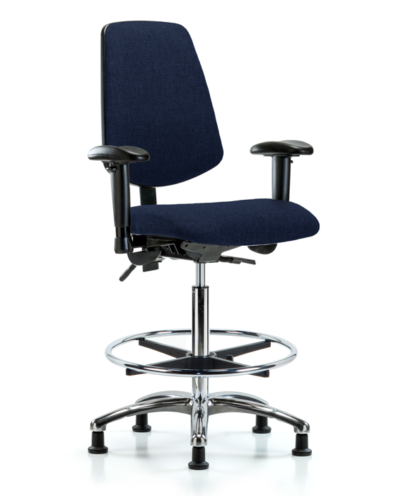 Blue Ridge Ergonomics FHBCH-MB-CR-T1-A1-CF-RG-F45 Rutledge Fabric Chair Chrome - High Bench Height with Medium Back, Seat Tilt, Adjustable Arms, Chrome Foot Ring, & Stationary Glides in Navy Fabric