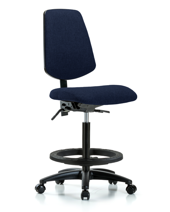 Blue Ridge Ergonomics FHBCH-MB-RG-T0-A0-BF-RC-F45 Rutledge Fabric Chair - High Bench Height with Medium Back, Black Foot Ring, & Casters in Navy Fabric
