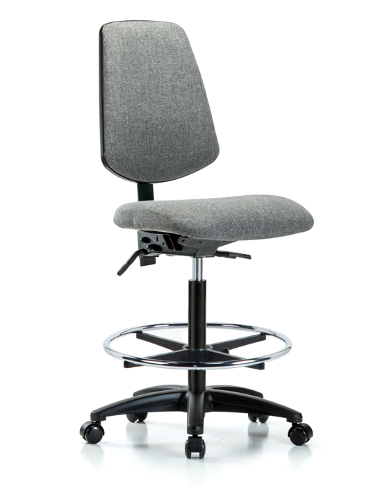 Blue Ridge Ergonomics FHBCH-MB-RG-T0-A0-CF-RC-F44 Rutledge Fabric Chair - High Bench Height with Medium Back, Chrome Foot Ring, & Casters in Gray Fabric