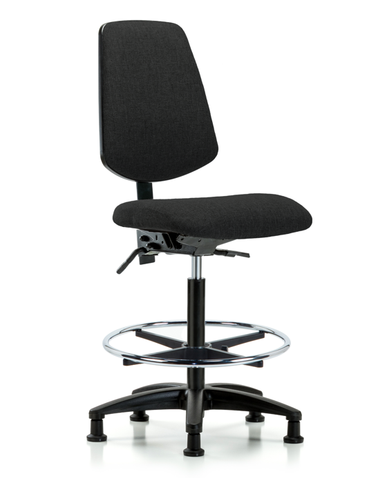 Blue Ridge Ergonomics FHBCH-MB-RG-T0-A0-CF-RG-F42 Rutledge Fabric Chair - High Bench Height with Medium Back, Chrome Foot Ring, & Stationary Glides in Black Fabric