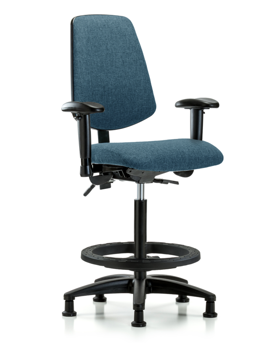Blue Ridge Ergonomics FHBCH-MB-RG-T0-A1-BF-RG-F43 Rutledge Fabric Chair - High Bench Height with Medium Back, Adjustable Arms, Black Foot Ring, & Stationary Glides in Blue Fabric