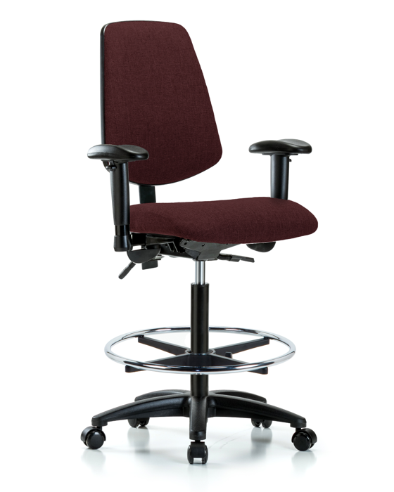 Blue Ridge Ergonomics FHBCH-MB-RG-T0-A1-CF-RC-F41 Rutledge Fabric Chair - High Bench Height with Medium Back, Adjustable Arms, Chrome Foot Ring, & Casters in Burgundy Fabric