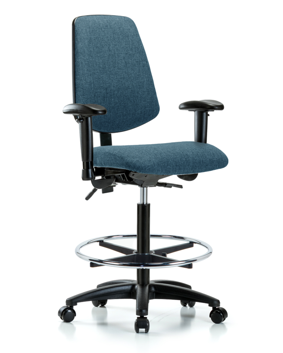 Blue Ridge Ergonomics FHBCH-MB-RG-T0-A1-CF-RC-F43 Rutledge Fabric Chair - High Bench Height with Medium Back, Adjustable Arms, Chrome Foot Ring, & Casters in Blue Fabric