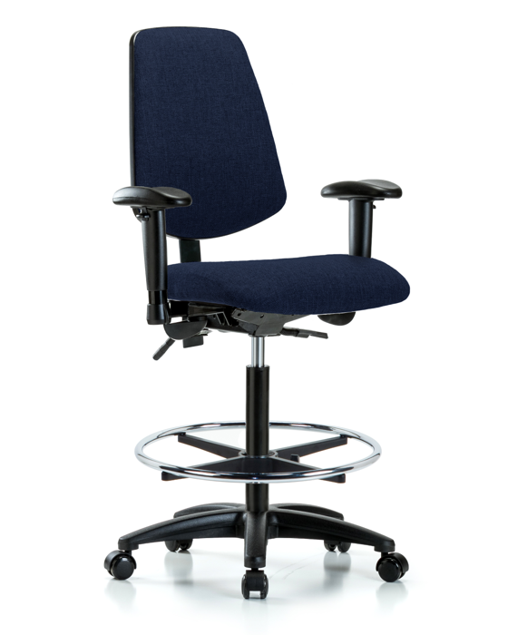 Blue Ridge Ergonomics FHBCH-MB-RG-T0-A1-CF-RC-F45 Rutledge Fabric Chair - High Bench Height with Medium Back, Adjustable Arms, Chrome Foot Ring, & Casters in Navy Fabric