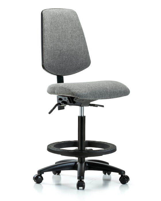 Blue Ridge Ergonomics FHBCH-MB-RG-T1-A0-BF-RC-F44 Rutledge Fabric Chair - High Bench Height with Medium Back, Seat Tilt, Black Foot Ring, & Casters in Gray Fabric