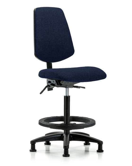 Blue Ridge Ergonomics FHBCH-MB-RG-T1-A0-BF-RG-F45 Rutledge Fabric Chair - High Bench Height with Medium Back, Seat Tilt, Black Foot Ring, & Stationary Glides in Navy Fabric