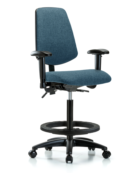 Blue Ridge Ergonomics FHBCH-MB-RG-T1-A1-BF-RC-F43 Rutledge Fabric Chair - High Bench Height with Medium Back, Seat Tilt, Adjustable Arms, Black Foot Ring, & Casters in Blue Fabric