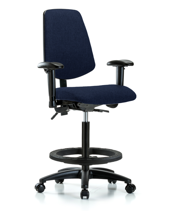 Blue Ridge Ergonomics FHBCH-MB-RG-T1-A1-BF-RC-F45 Rutledge Fabric Chair - High Bench Height with Medium Back, Seat Tilt, Adjustable Arms, Black Foot Ring, & Casters in Navy Fabric