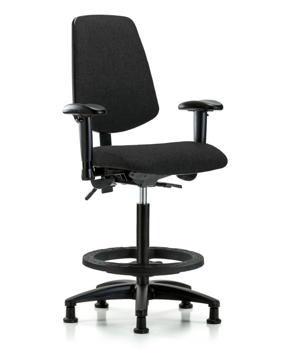 Blue Ridge Ergonomics FHBCH-MB-RG-T1-A1-BF-RG-F42 Rutledge Fabric Chair - High Bench Height with Medium Back, Seat Tilt, Adjustable Arms, Black Foot Ring, & Stationary Glides in Black Fabric