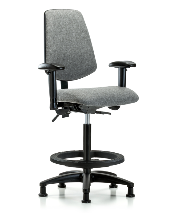 Blue Ridge Ergonomics FHBCH-MB-RG-T1-A1-BF-RG-F44 Rutledge Fabric Chair - High Bench Height with Medium Back, Seat Tilt, Adjustable Arms, Black Foot Ring, & Stationary Glides in Gray Fabric