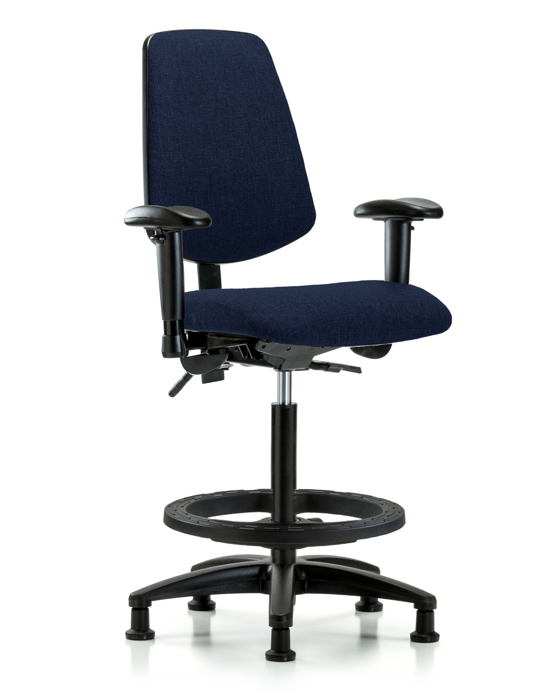 Blue Ridge Ergonomics FHBCH-MB-RG-T1-A1-BF-RG-F45 Rutledge Fabric Chair - High Bench Height with Medium Back, Seat Tilt, Adjustable Arms, Black Foot Ring, & Stationary Glides in Navy Fabric