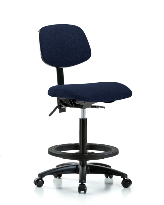Blue Ridge Ergonomics FHBCH-RG-T0-A0-BF-RC-F45 Rutledge Fabric Chair - High Bench Height with Black Foot Ring & Casters in Navy Fabric