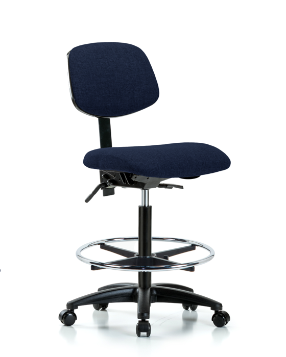 Blue Ridge Ergonomics FHBCH-RG-T0-A0-CF-RC-F45 Rutledge Fabric Chair - High Bench Height with Chrome Foot Ring & Casters in Navy Fabric