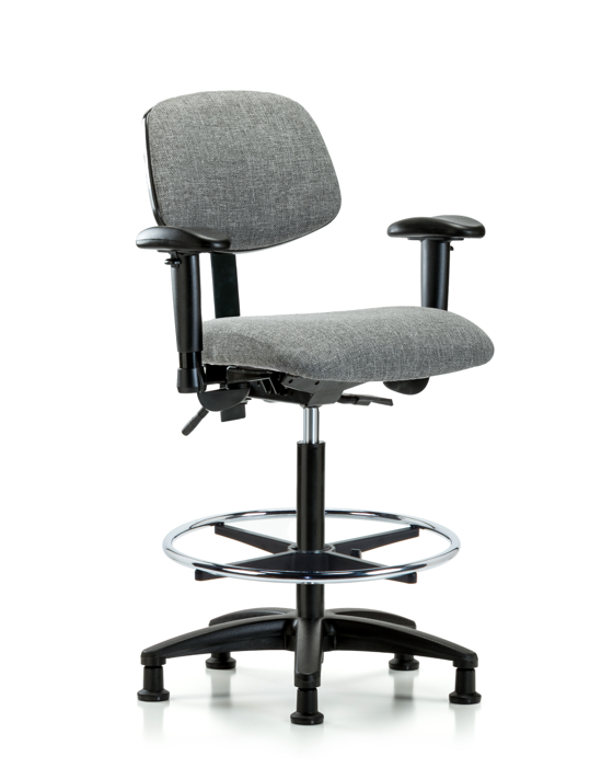 Blue Ridge Ergonomics FHBCH-RG-T0-A1-CF-RG-F44 Rutledge Fabric Chair - High Bench Height with Adjustable Arms, Chrome Foot Ring, & Stationary Glides in Gray Fabric