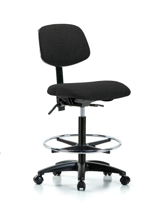 Blue Ridge Ergonomics FHBCH-RG-T1-A0-CF-RC-F42 Rutledge Fabric Chair - High Bench Height with Seat Tilt, Chrome Foot Ring, & Casters in Black Fabric