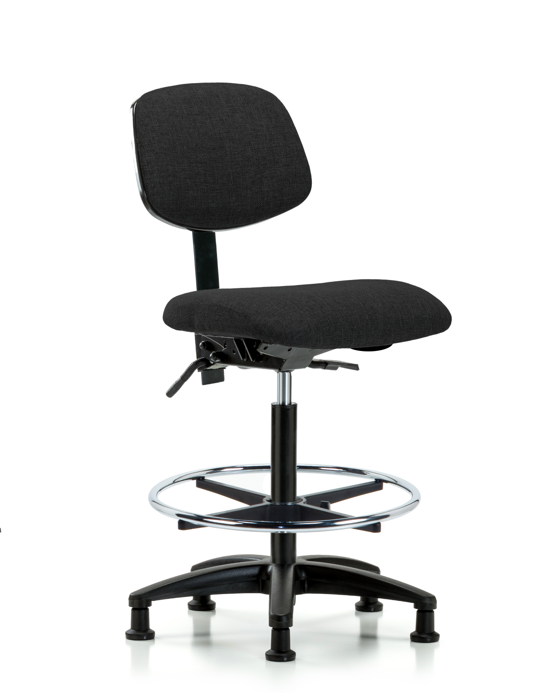 Blue Ridge Ergonomics FHBCH-RG-T1-A0-CF-RG-F42 Rutledge Fabric Chair - High Bench Height with Seat Tilt, Chrome Foot Ring, & Stationary Glides in Black Fabric