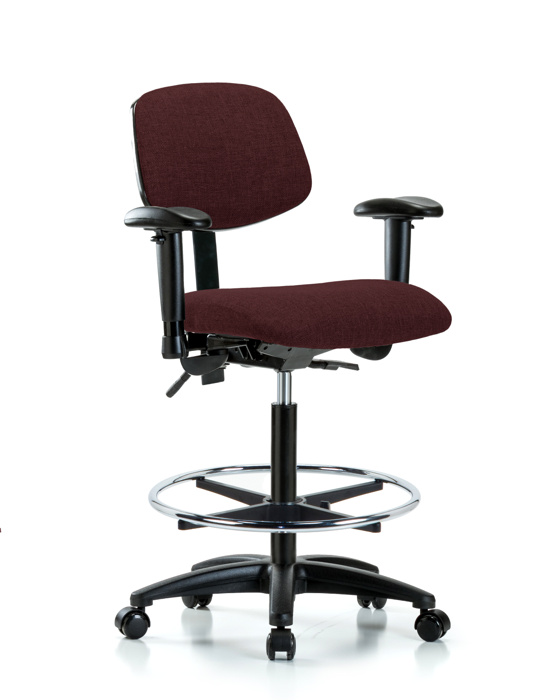 Blue Ridge Ergonomics FHBCH-RG-T1-A1-CF-RC-F41 Rutledge Fabric Chair - High Bench Height with Seat Tilt, Adjustable Arms, Chrome Foot Ring, & Casters in Burgundy Fabric