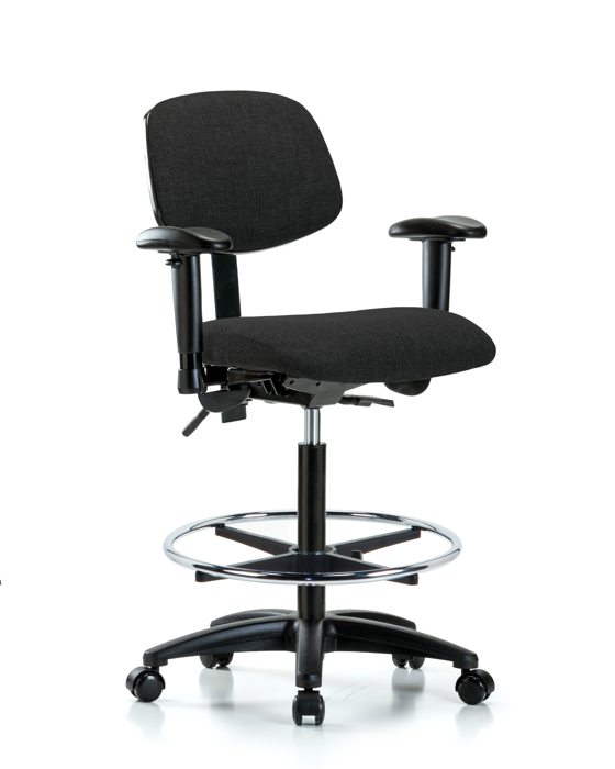 Blue Ridge Ergonomics FHBCH-RG-T1-A1-CF-RC-F42 Rutledge Fabric Chair - High Bench Height with Seat Tilt, Adjustable Arms, Chrome Foot Ring, & Casters in Black Fabric