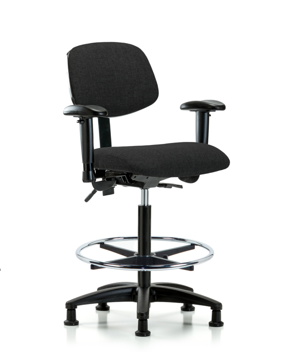 Blue Ridge Ergonomics FHBCH-RG-T1-A1-CF-RG-F42 Rutledge Fabric Chair - High Bench Height with Seat Tilt, Adjustable Arms, Chrome Foot Ring, & Stationary Glides in Black Fabric