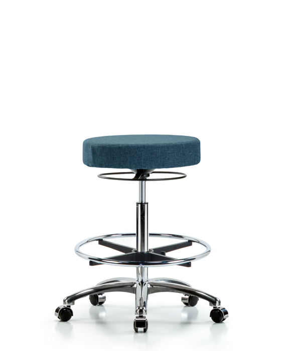 Blue Ridge Ergonomics FHBSO-CR-CF-CC-F43 Rutledge Fabric Stool without Back Chrome - High Bench Height with Chrome Foot Ring & Casters in Blue Fabric