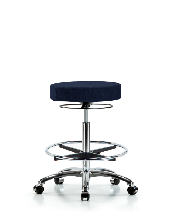 Blue Ridge Ergonomics FHBSO-CR-CF-CC-F45 Rutledge Fabric Stool without Back Chrome - High Bench Height with Chrome Foot Ring & Casters in Navy Fabric