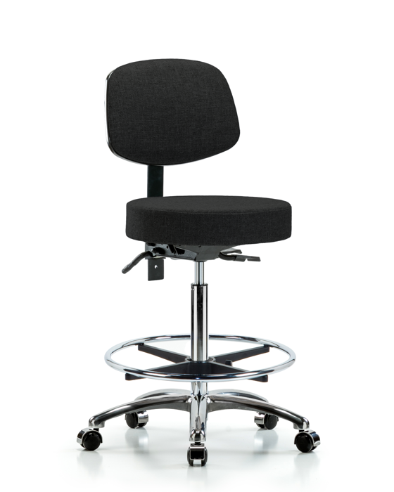 Blue Ridge Ergonomics FHBST-CR-T0-CF-CC-F42 Rutledge Fabric Stool with Back Chrome - High Bench Height with Chrome Foot Ring & Casters in Black Fabric