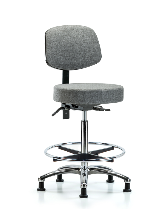 Blue Ridge Ergonomics FHBST-CR-T1-CF-RG-F44 Rutledge Fabric Stool with Back Chrome - High Bench Height with Seat Tilt, Chrome Foot Ring, & Stationary Glides in Gray Fabric