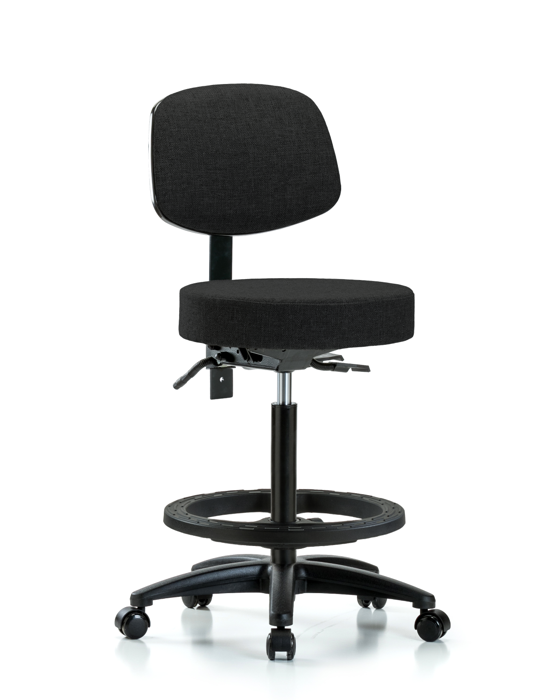 Blue Ridge Ergonomics FHBST-RG-T0-BF-RC-F42 Rutledge Fabric Stool with Back - High Bench Height with Black Foot Ring & Casters in Black Fabric