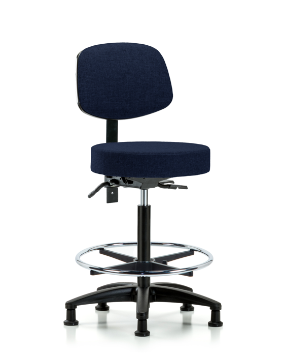 Blue Ridge Ergonomics FHBST-RG-T0-CF-RG-F45 Rutledge Fabric Stool with Back - High Bench Height with Chrome Foot Ring & Stationary Glides in Navy Fabric