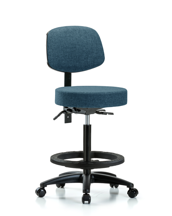 Blue Ridge Ergonomics FHBST-RG-T1-BF-RC-F43 Rutledge Fabric Stool with Back - High Bench Height with Seat Tilt, Black Foot Ring, & Casters in Blue Fabric