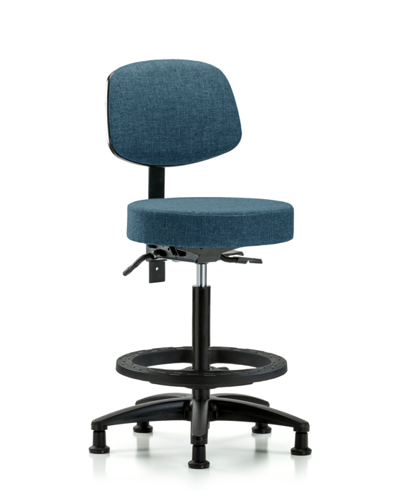 Blue Ridge Ergonomics FHBST-RG-T1-BF-RG-F43 Rutledge Fabric Stool with Back - High Bench Height with Seat Tilt, Black Foot Ring, & Stationary Glides in Blue Fabric