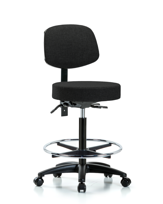 Blue Ridge Ergonomics FHBST-RG-T1-CF-RC-F42 Rutledge Fabric Stool with Back - High Bench Height with Seat Tilt, Chrome Foot Ring, & Casters in Black Fabric