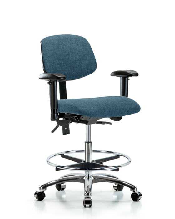 Blue Ridge Ergonomics FMBCH-CR-T0-A1-CF-CC-F43 Rutledge Fabric Chair Chrome - Medium Bench Height with Adjustable Arms, Chrome Foot Ring, & Casters in Blue Fabric