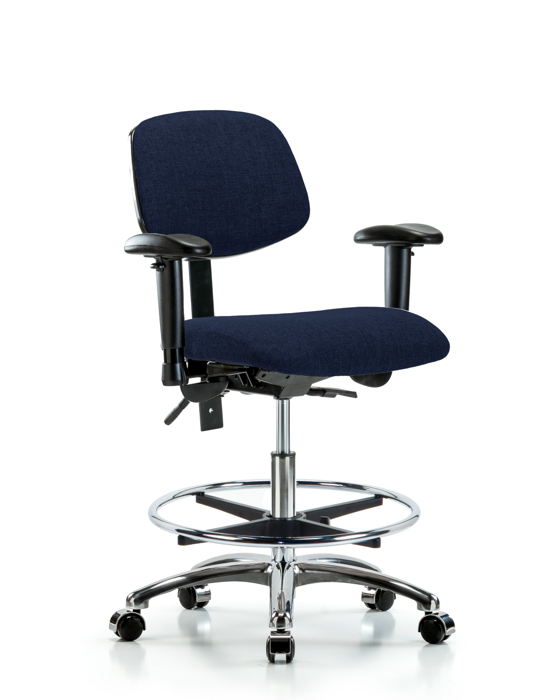 Blue Ridge Ergonomics FMBCH-CR-T0-A1-CF-CC-F45 Rutledge Fabric Chair Chrome - Medium Bench Height with Adjustable Arms, Chrome Foot Ring, & Casters in Navy Fabric