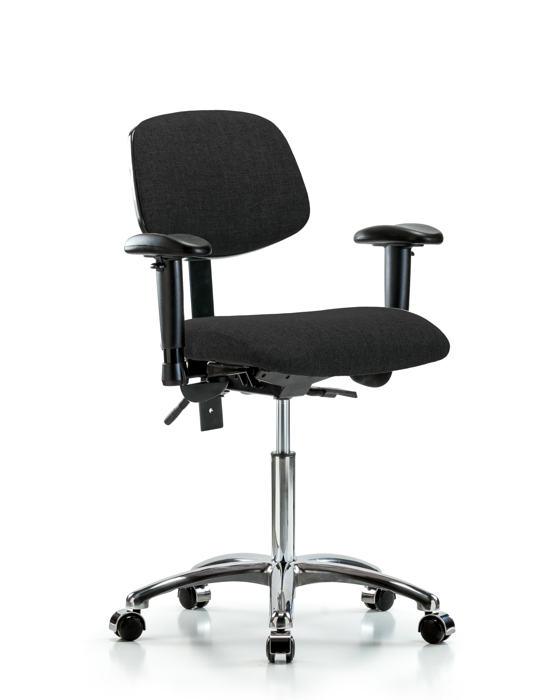 Blue Ridge Ergonomics FMBCH-CR-T0-A1-NF-CC-F42 Rutledge Fabric Chair Chrome - Medium Bench Height with Adjustable Arms & Casters in Black Fabric