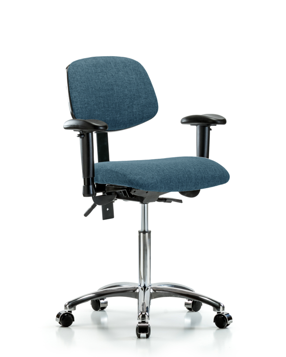 Blue Ridge Ergonomics FMBCH-CR-T0-A1-NF-CC-F43 Rutledge Fabric Chair Chrome - Medium Bench Height with Adjustable Arms & Casters in Blue Fabric