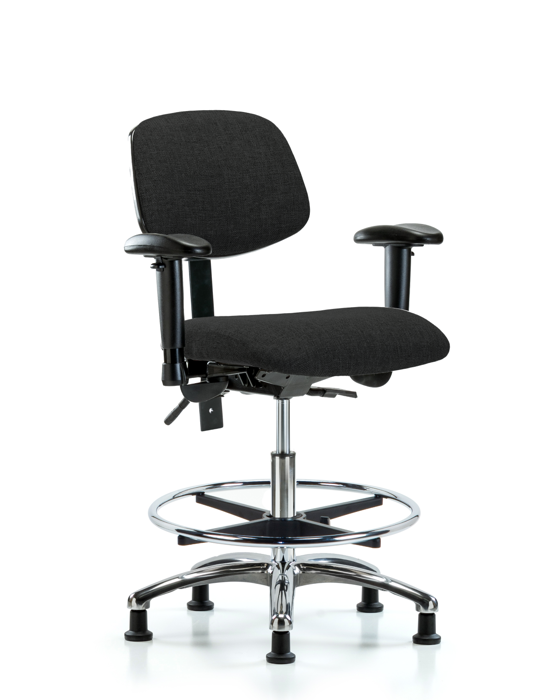 Blue Ridge Ergonomics FMBCH-CR-T1-A1-CF-RG-F42 Rutledge Fabric Chair Chrome - Medium Bench Height with Seat Tilt, Adjustable Arms, Chrome Foot Ring, & Stationary Glides in Black Fabric