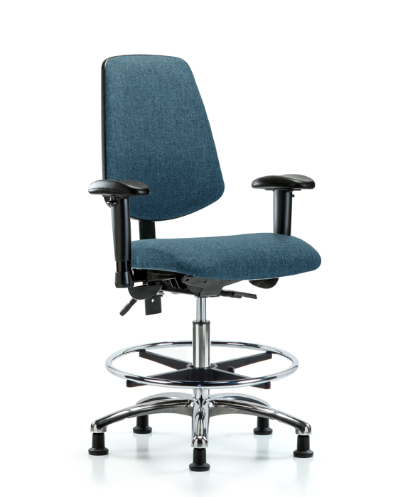 Blue Ridge Ergonomics FMBCH-MB-CR-T0-A1-CF-RG-F43 Rutledge Fabric Chair Chrome - Medium Bench Height with Medium Back, Adjustable Arms, Chrome Foot Ring, & Stationary Glides in Blue Fabric