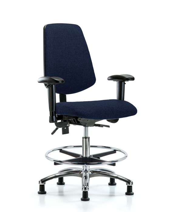 Blue Ridge Ergonomics FMBCH-MB-CR-T0-A1-CF-RG-F45 Rutledge Fabric Chair Chrome - Medium Bench Height with Medium Back, Adjustable Arms, Chrome Foot Ring, & Stationary Glides in Navy Fabric
