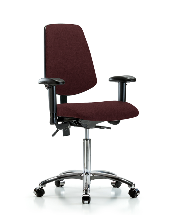 Blue Ridge Ergonomics FMBCH-MB-CR-T0-A1-NF-CC-F41 Rutledge Fabric Chair Chrome - Medium Bench Height with Medium Back, Adjustable Arms, & Casters in Burgundy Fabric