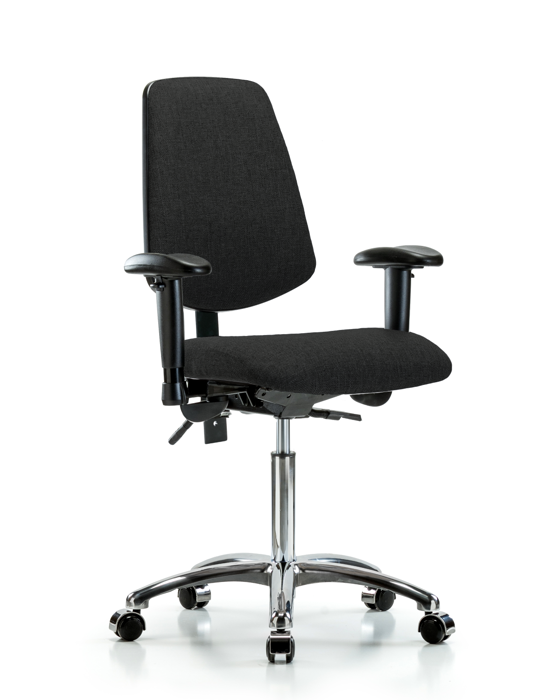 Blue Ridge Ergonomics FMBCH-MB-CR-T0-A1-NF-CC-F42 Rutledge Fabric Chair Chrome - Medium Bench Height with Medium Back, Adjustable Arms, & Casters in Black Fabric