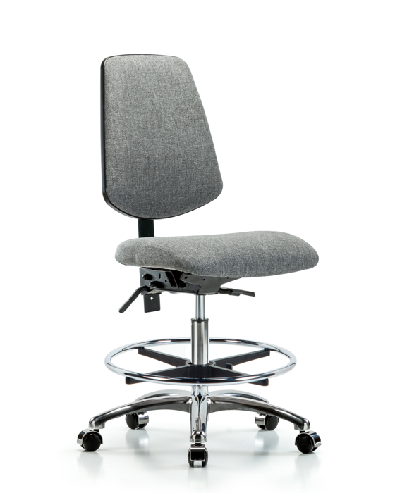 Blue Ridge Ergonomics FMBCH-MB-CR-T1-A0-CF-CC-F44 Rutledge Fabric Chair Chrome - Medium Bench Height with Medium Back, Seat Tilt, Chrome Foot Ring, & Casters in Gray Fabric