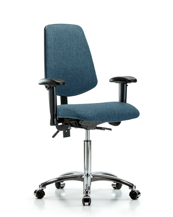 Blue Ridge Ergonomics FMBCH-MB-CR-T1-A1-NF-CC-F43 Rutledge Fabric Chair Chrome - Medium Bench Height with Medium Back, Seat Tilt, Adjustable Arms, & Casters in Blue Fabric